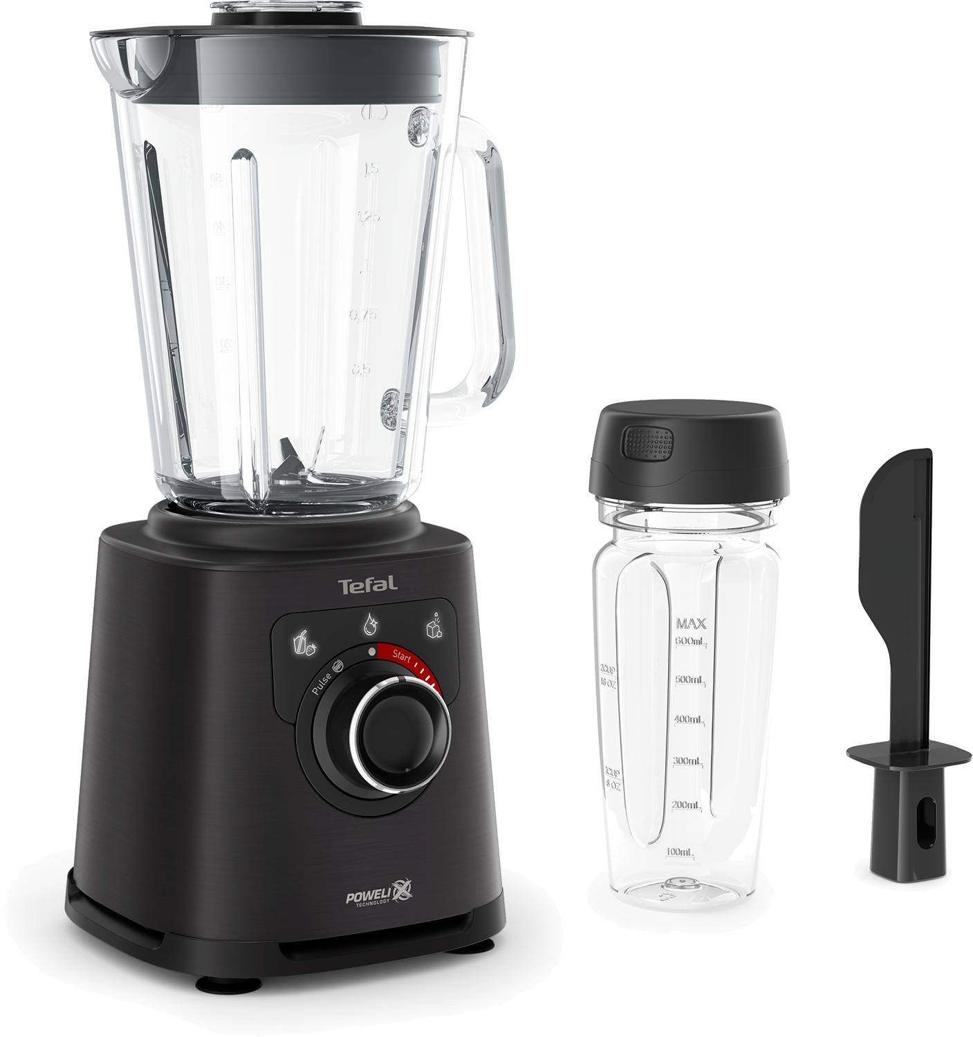 Black Tefal blender with a jar, a smaller bottle, and a blade attachment.