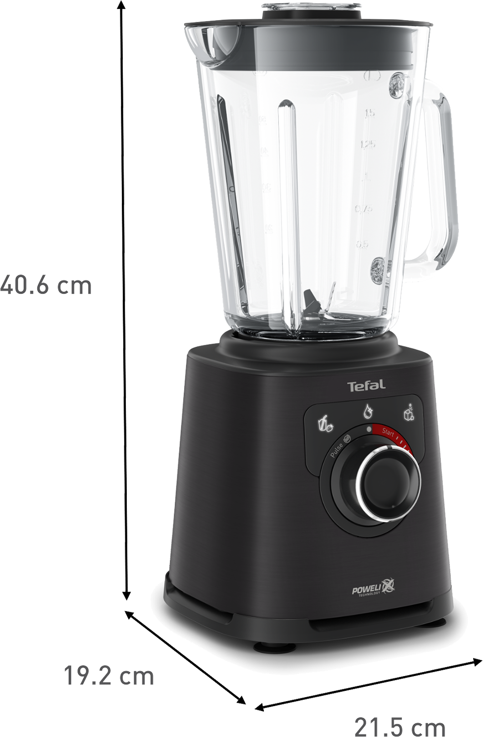 A black Tefal blender with a glass jar, dimensions: 40.6cm height, 19.2cm and 21.5cm base.