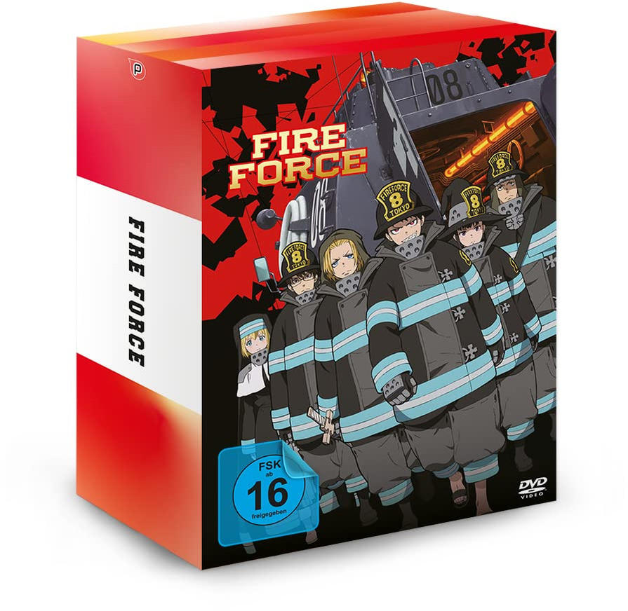 Fire Force DVD-Box-Set mit Anime-Charakteren und rotem Hintergrund.