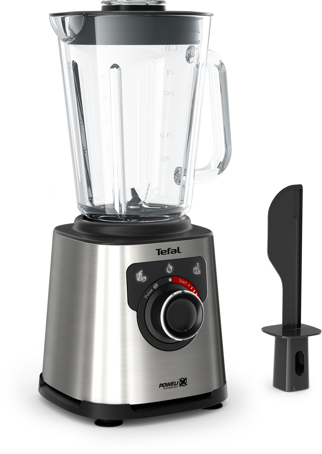 A blender with a silver base, glass jar, and a black blade scraper.