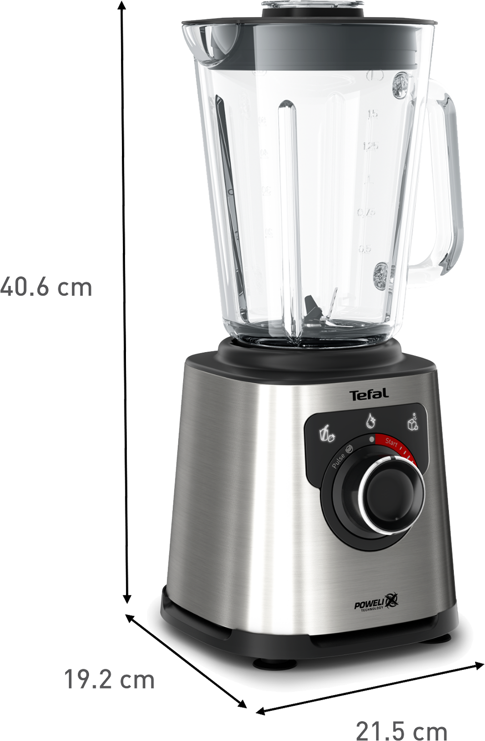 A silver and black blender with measurements and dimensions displayed on the image.