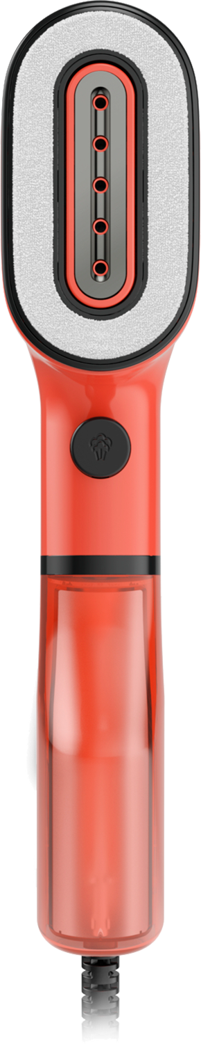 Close-up of an orange garment steamer. It has a black handle and a water tank.