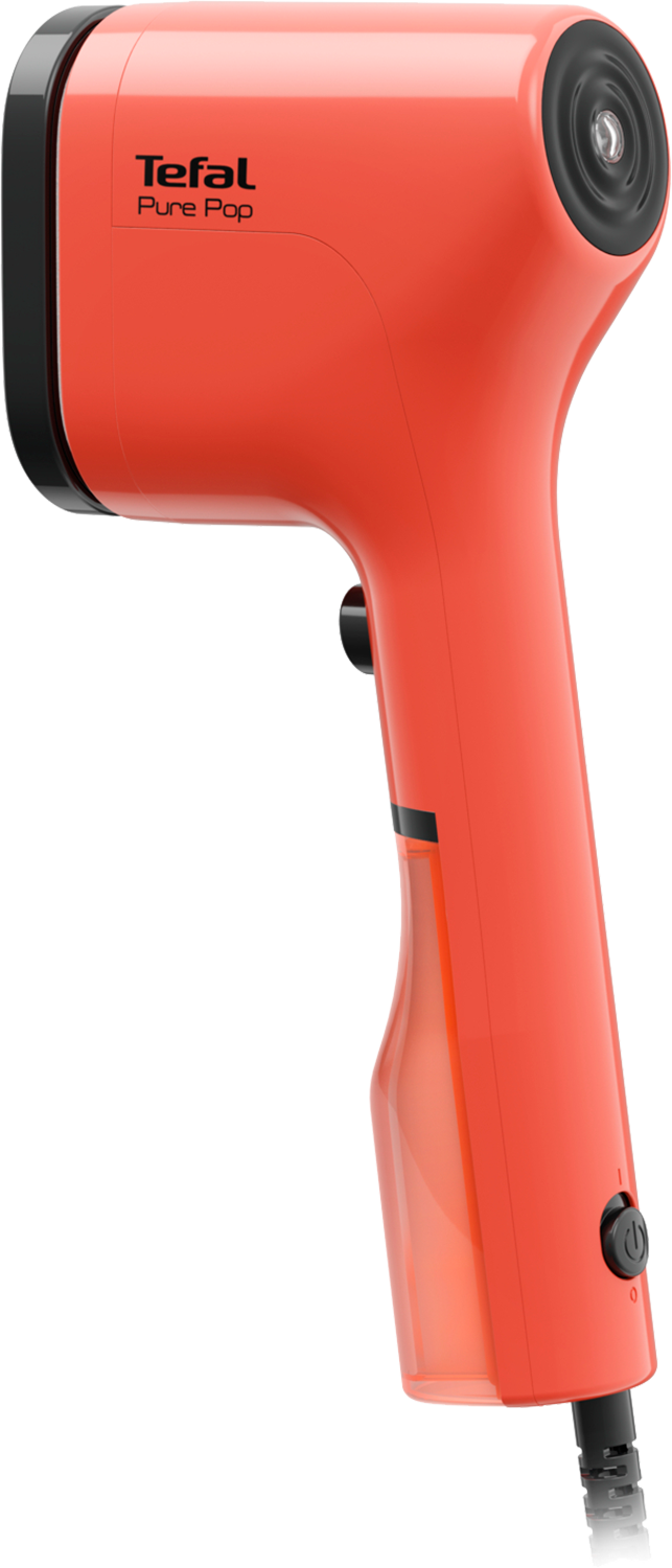 A red handheld steamer with a black handle and nozzle, black background.