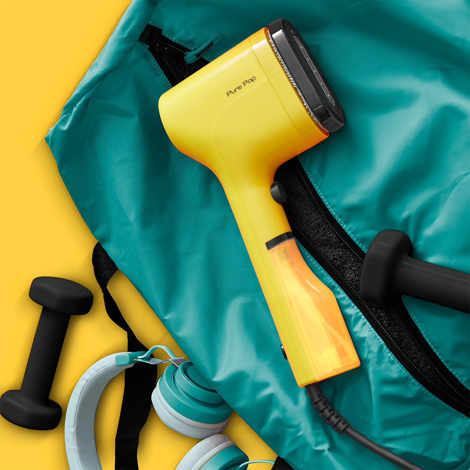Yellow and orange steamer, gym bag, dumbbells, headphones.