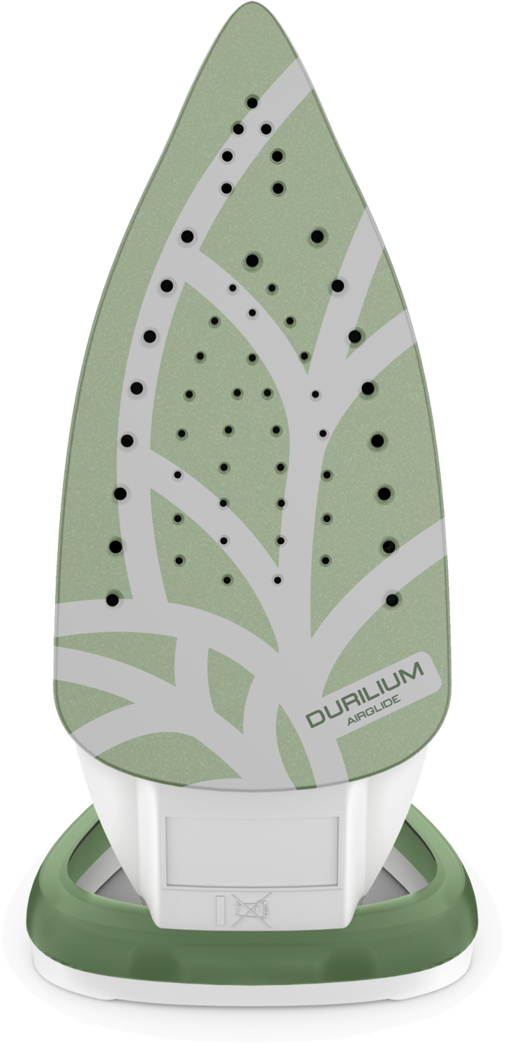 An iron soleplate, light green with gray details and a white base.