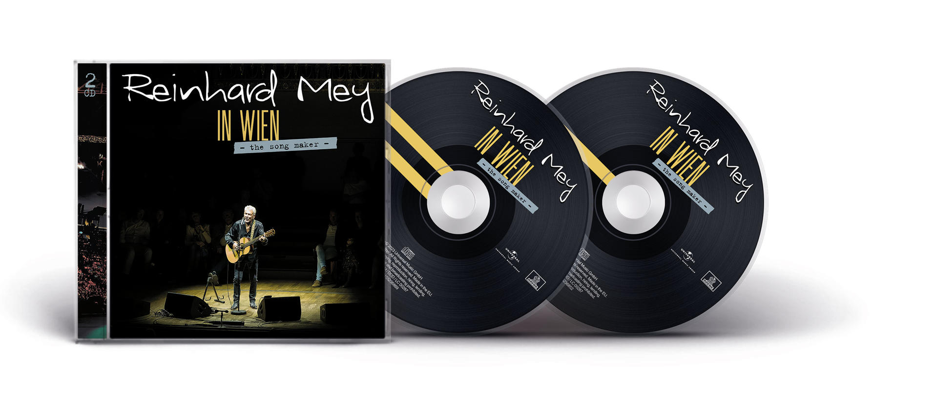CD-Set von Reinhard Mey, schwarze Scheiben mit weißem Text. Albumcover zeigt eine Bühnenaufführung.