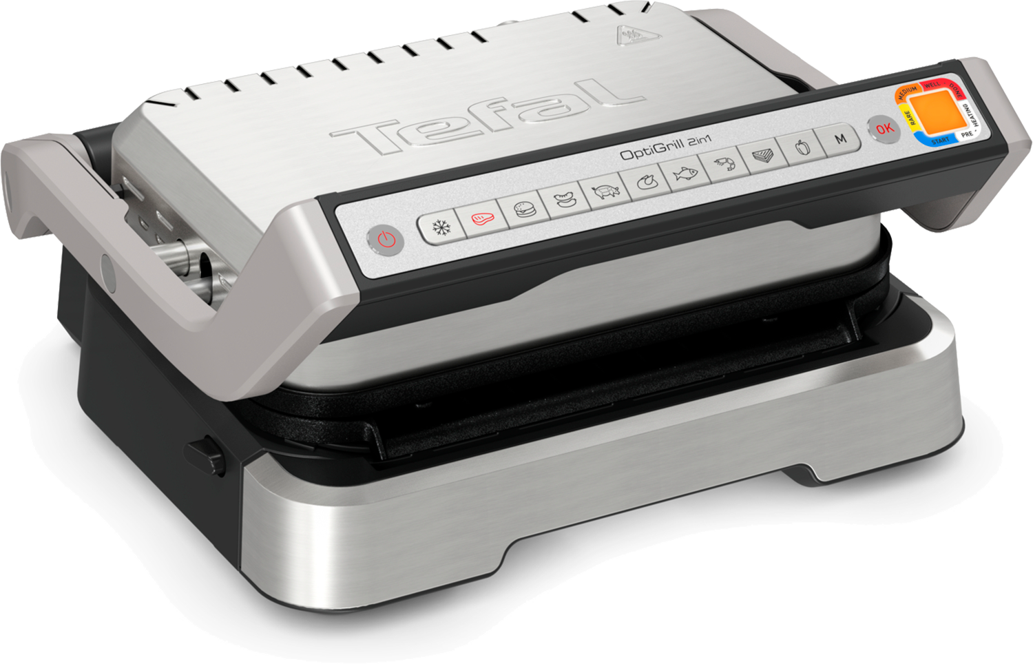 A Tefal OptiGrill 2in1, a silver and black electric grill with control panel.
