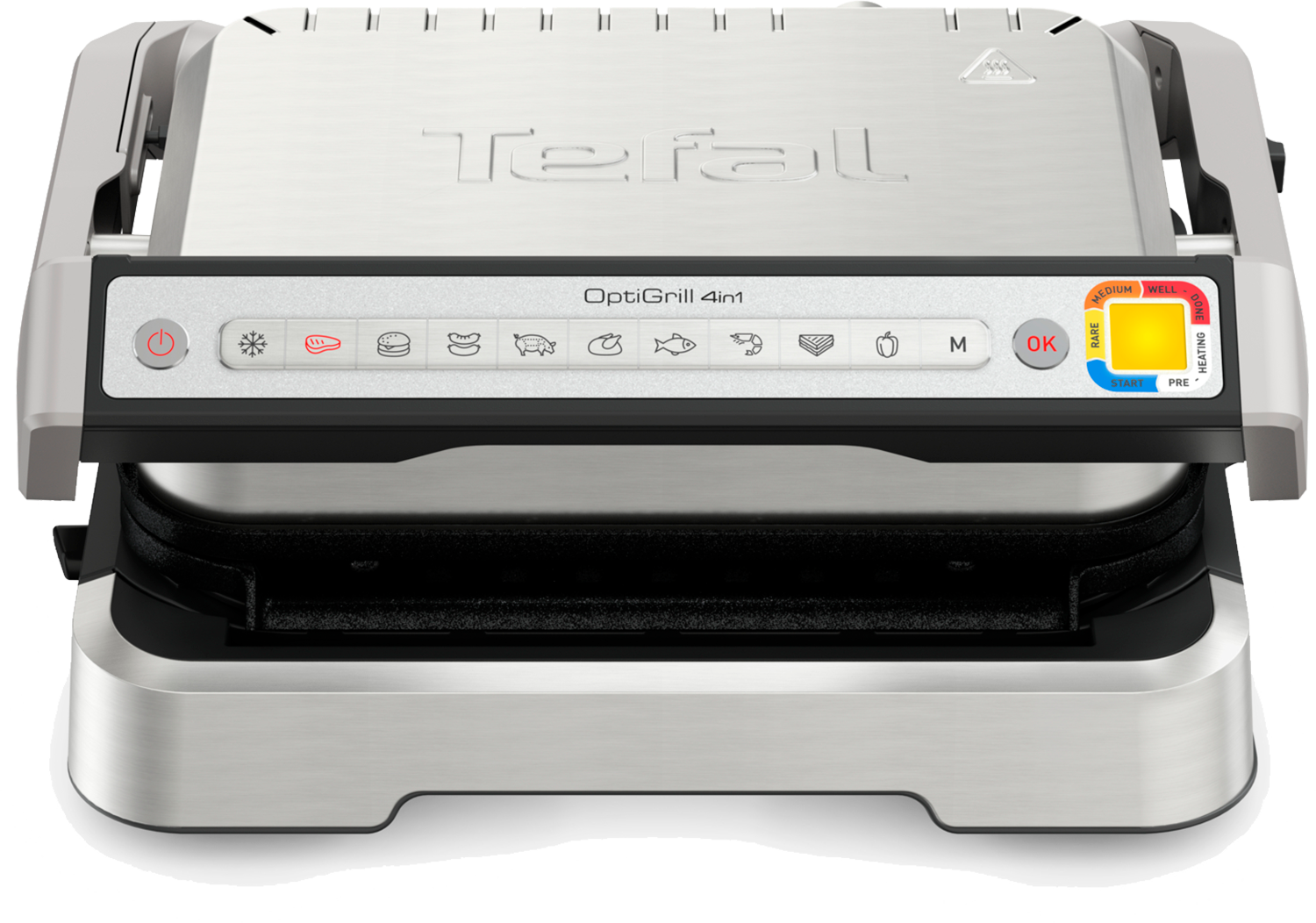 Een open Tefal OptiGrill 4in1. Het heeft knoppen, een scherm en een verwarmingsplaat.