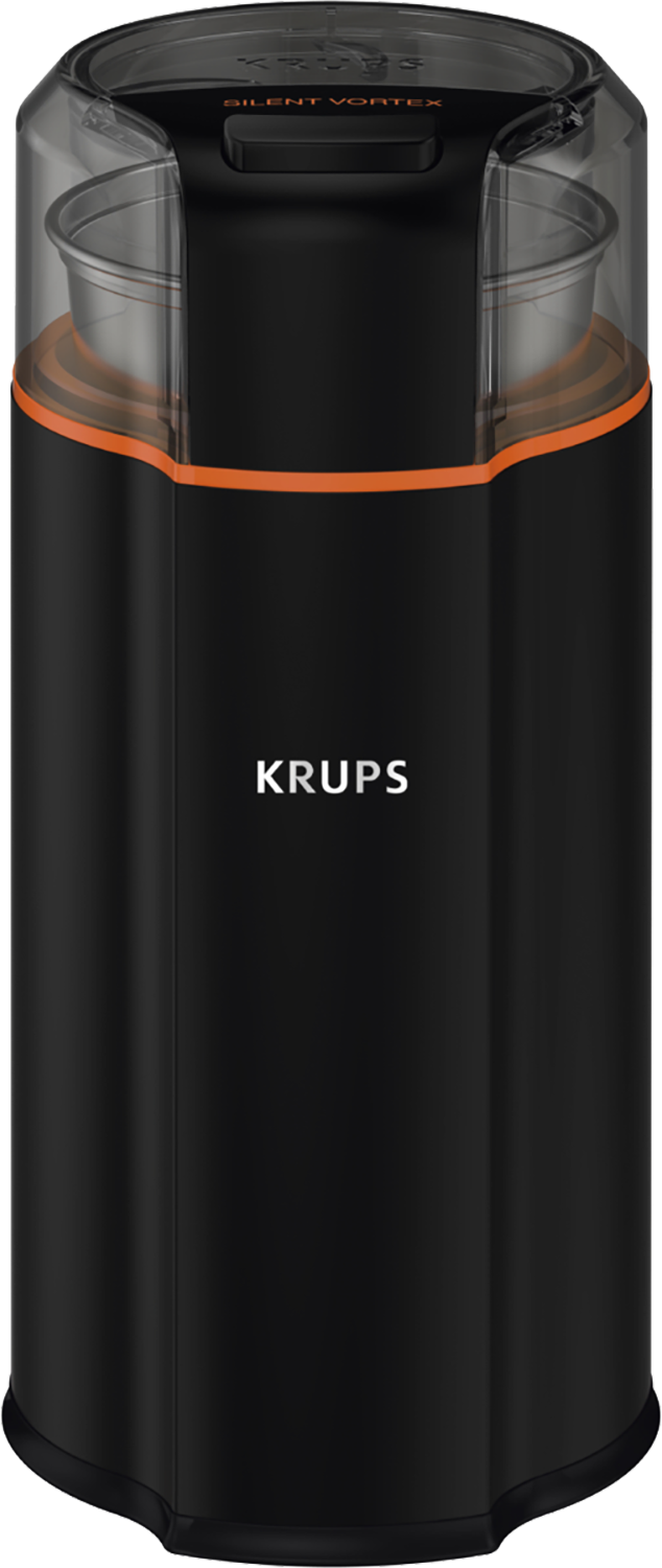Black coffee grinder with orange accent. Brand name KRUPS visible.