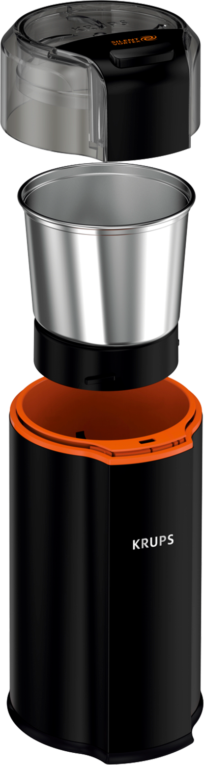 An exploded view of a coffee grinder, showing components: lid, grinder, and base.
