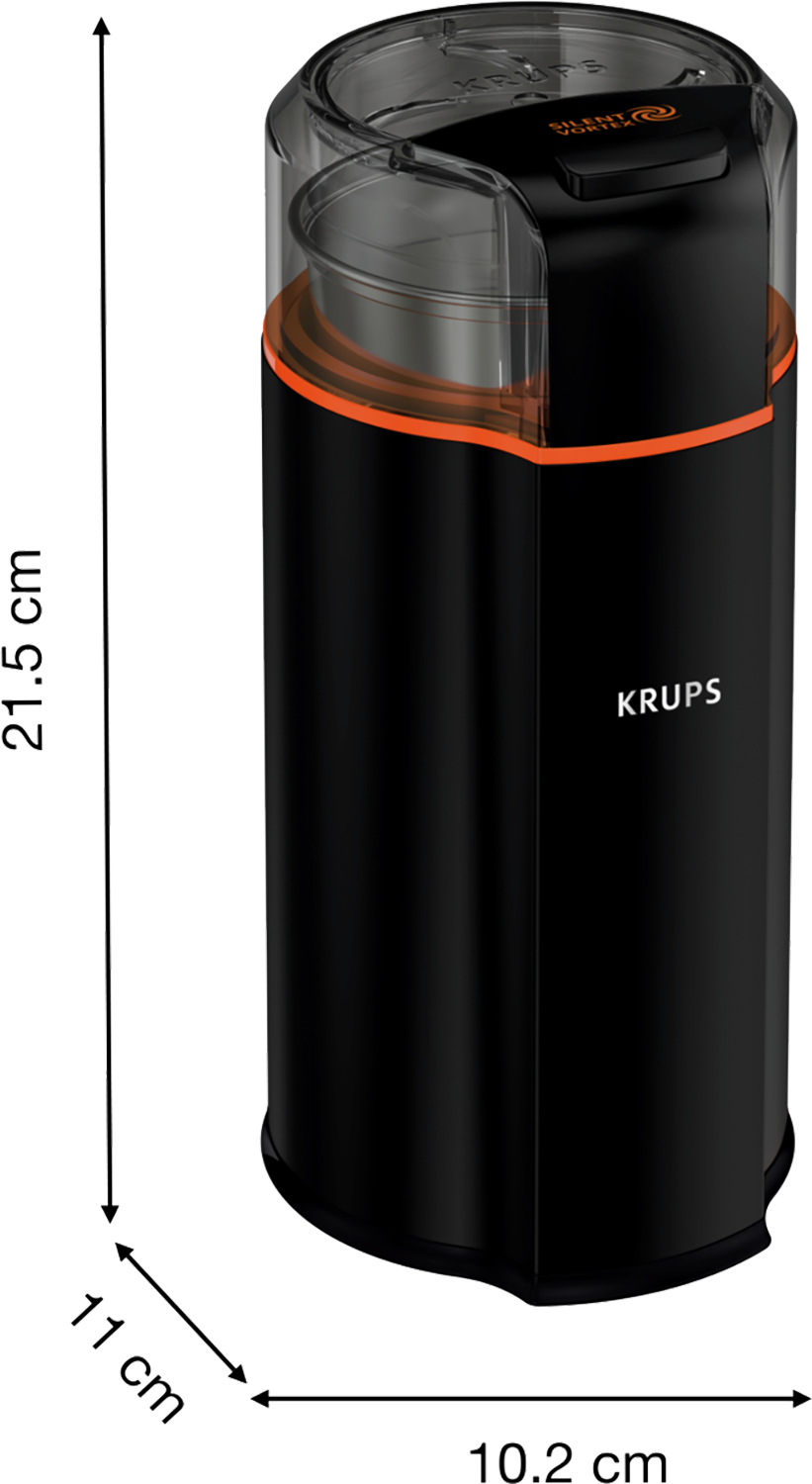 Black coffee grinder, cylindrical shape, with dimensions shown.