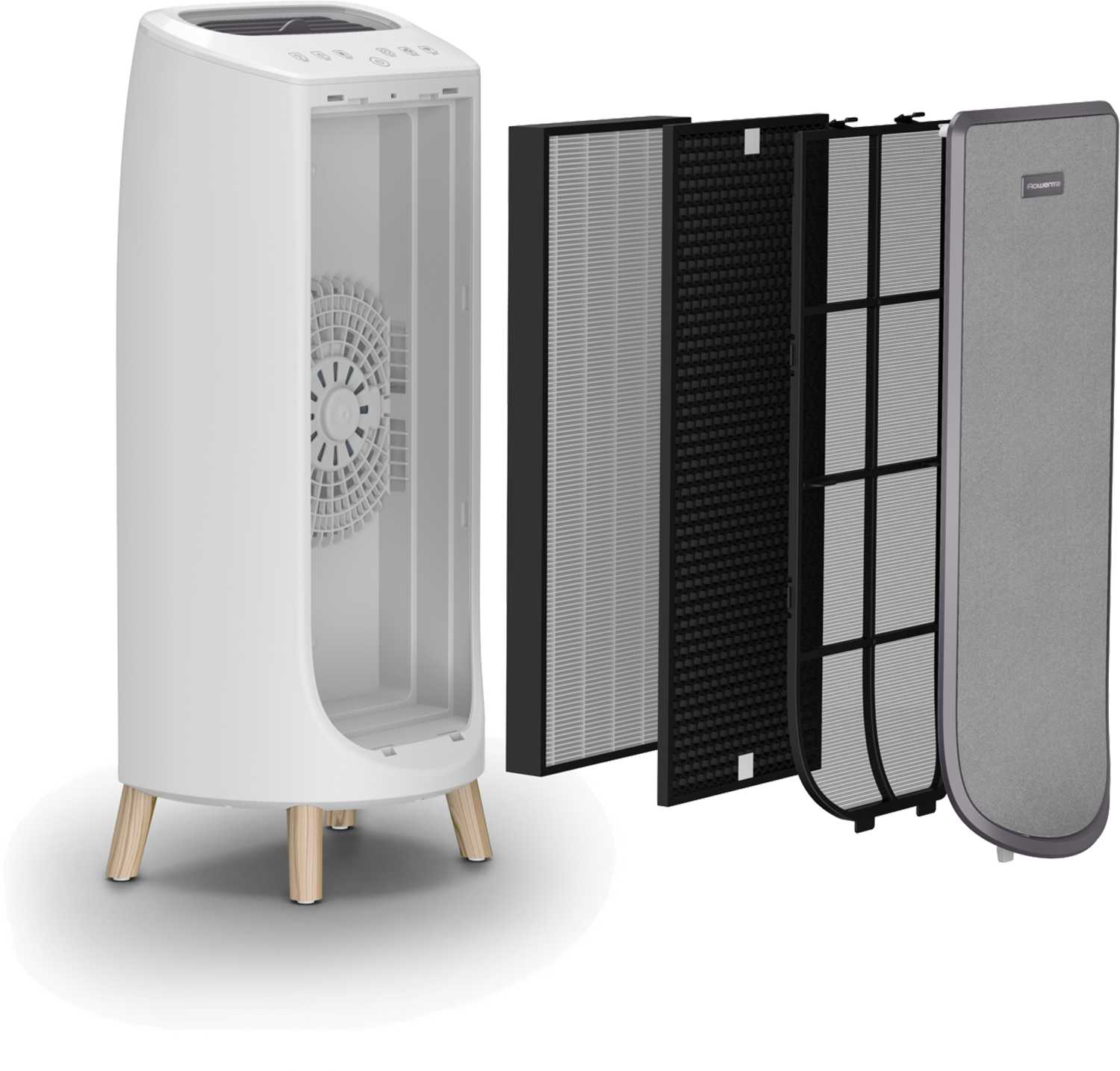 Air purifier with filters displayed; white body, wooden legs, and filter layers shown.