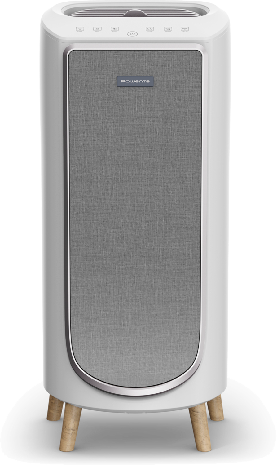 A white air purifier with a grey fabric panel and wooden legs.