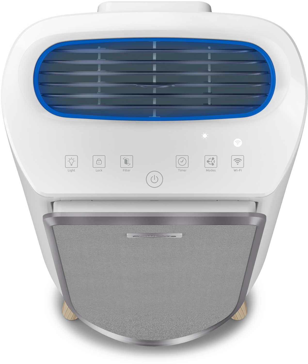 Air purifier, top view. White and blue design. Buttons and Wi-Fi icon visible.