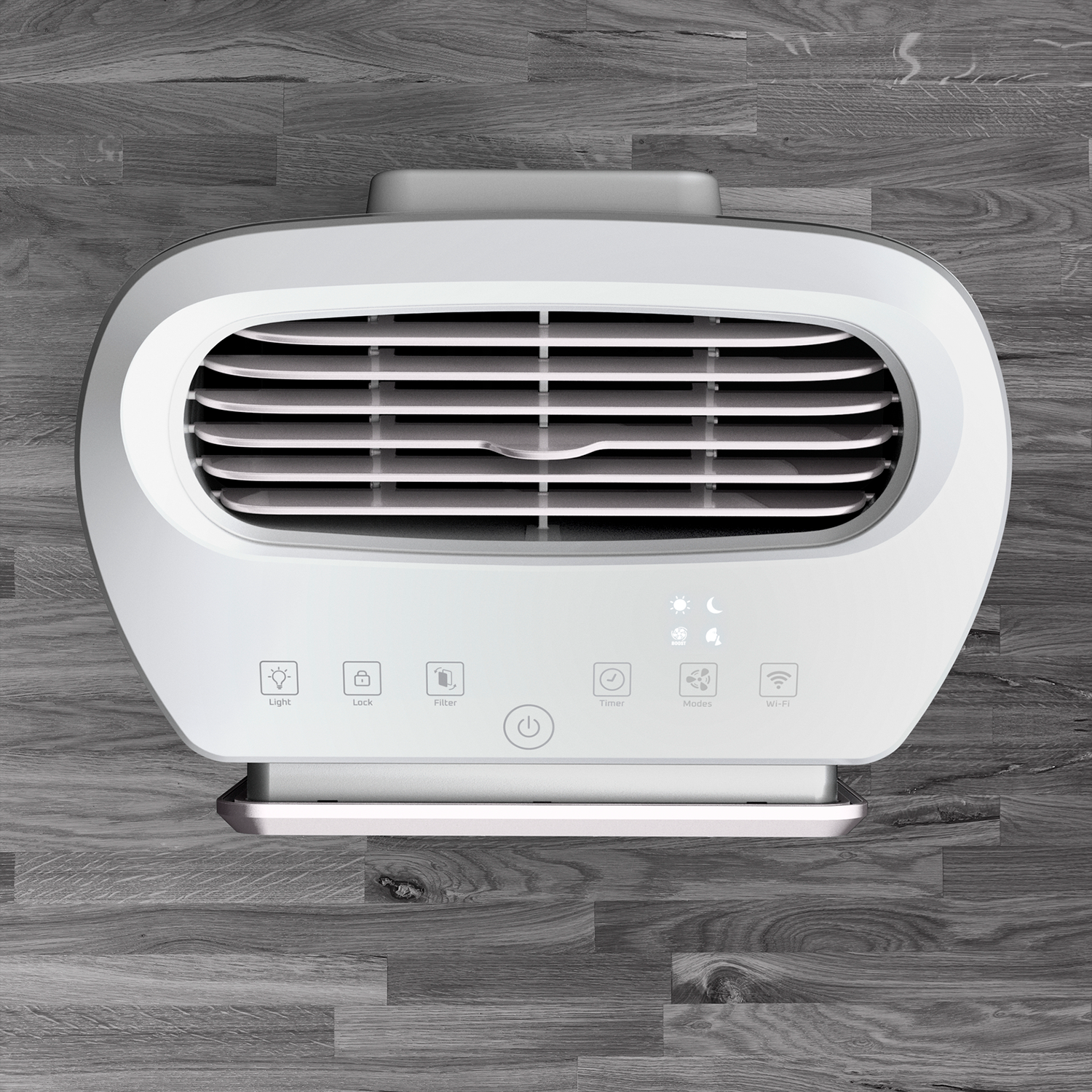 An overhead view of a white air purifier on a wooden floor.
