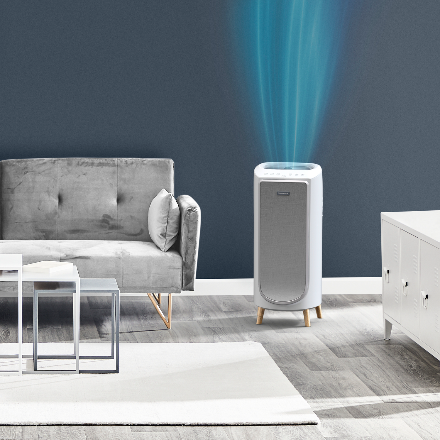 An air purifier in a modern living room, with blue air effect.