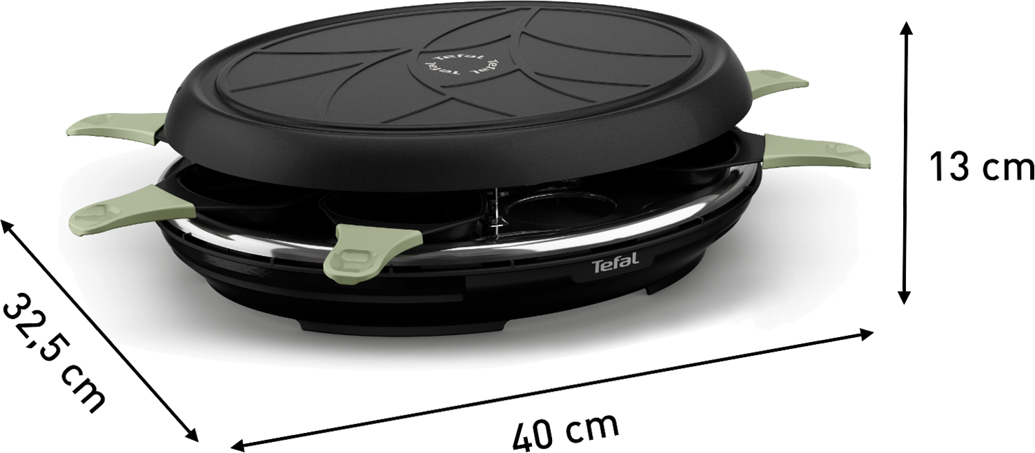 Tefal raclette grill with dimensions, black and green, on white surface.