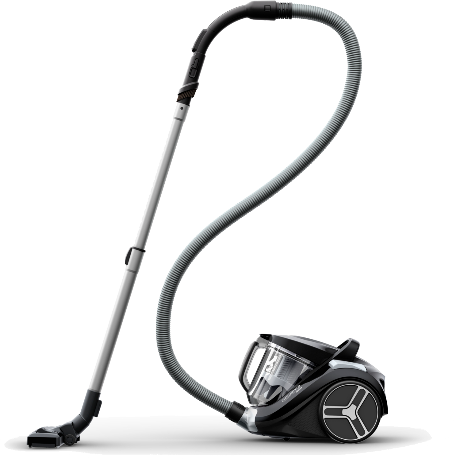 A black and silver vacuum cleaner, with a long gray hose and a metallic extension.
