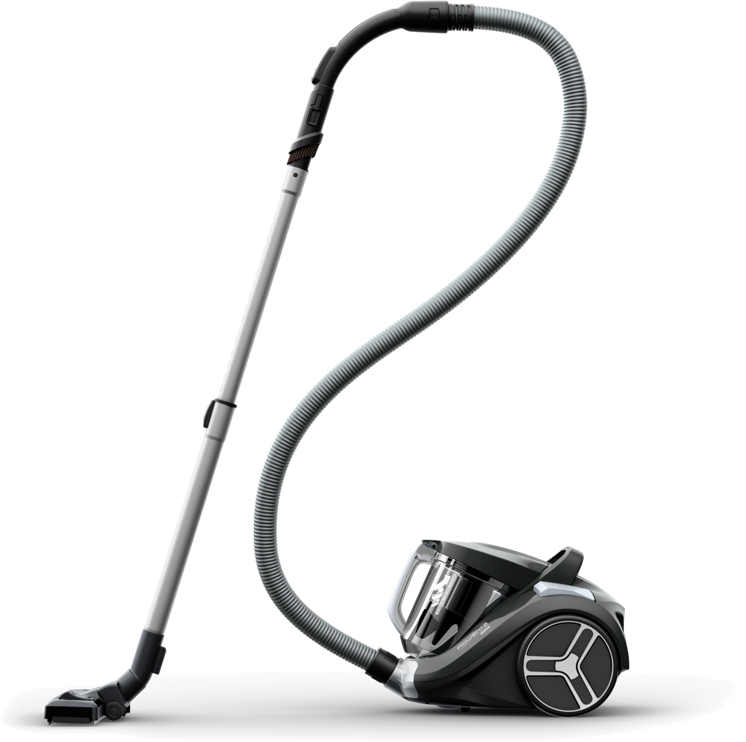 Black and gray vacuum cleaner with a long hose and attachments.