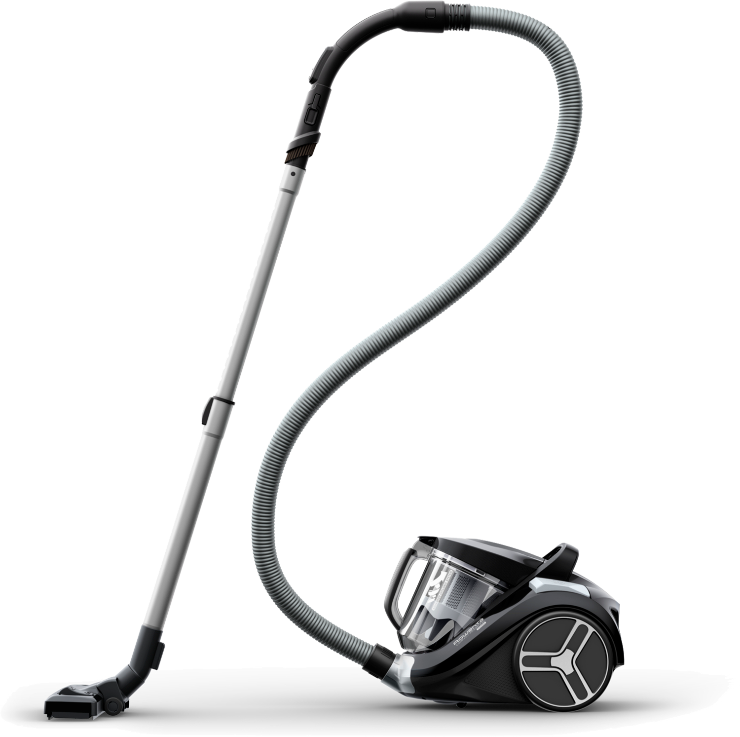 Black and silver vacuum cleaner, upright, with a long hose and a handle.