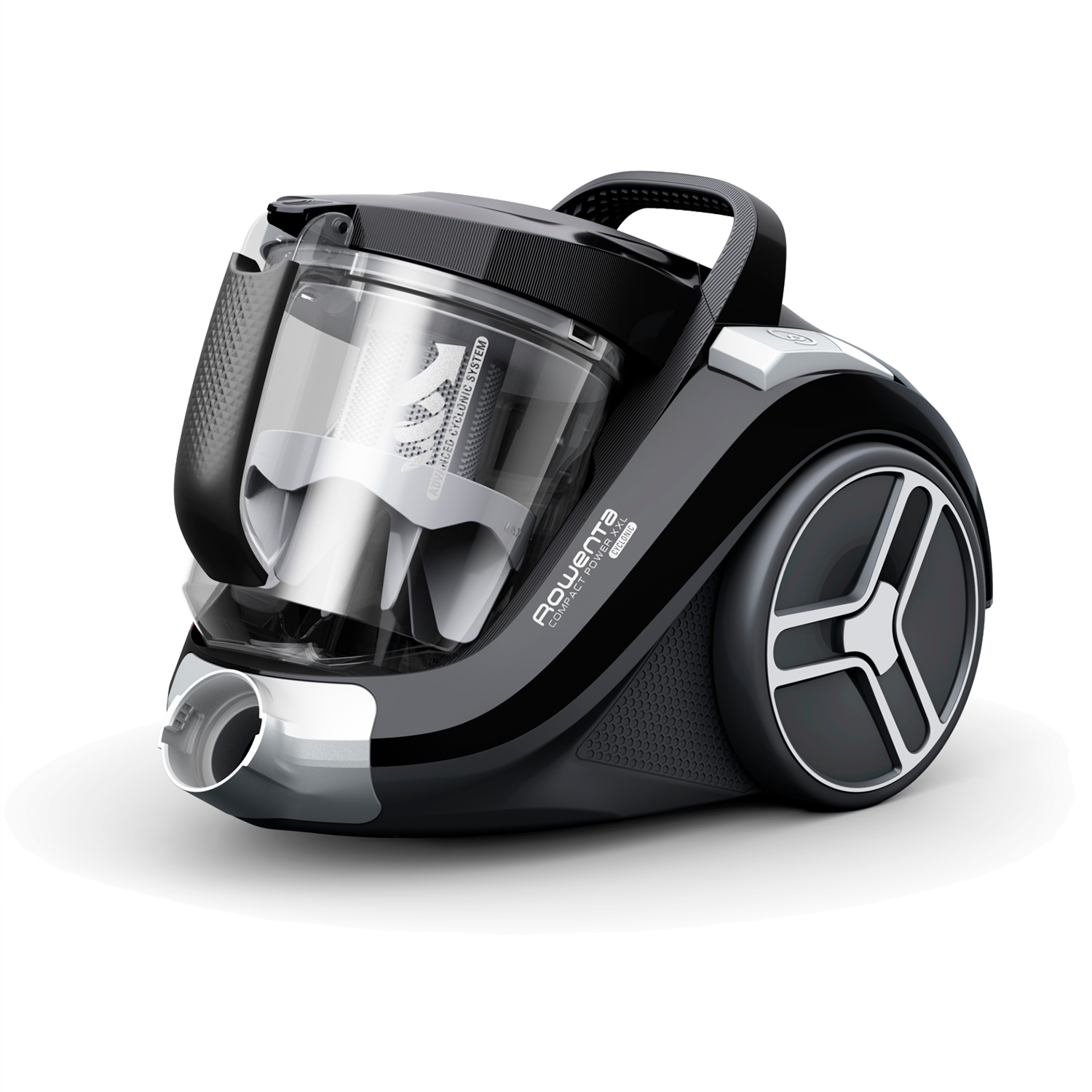 Black and silver vacuum cleaner. The dust container is visible, and the wheels are large.