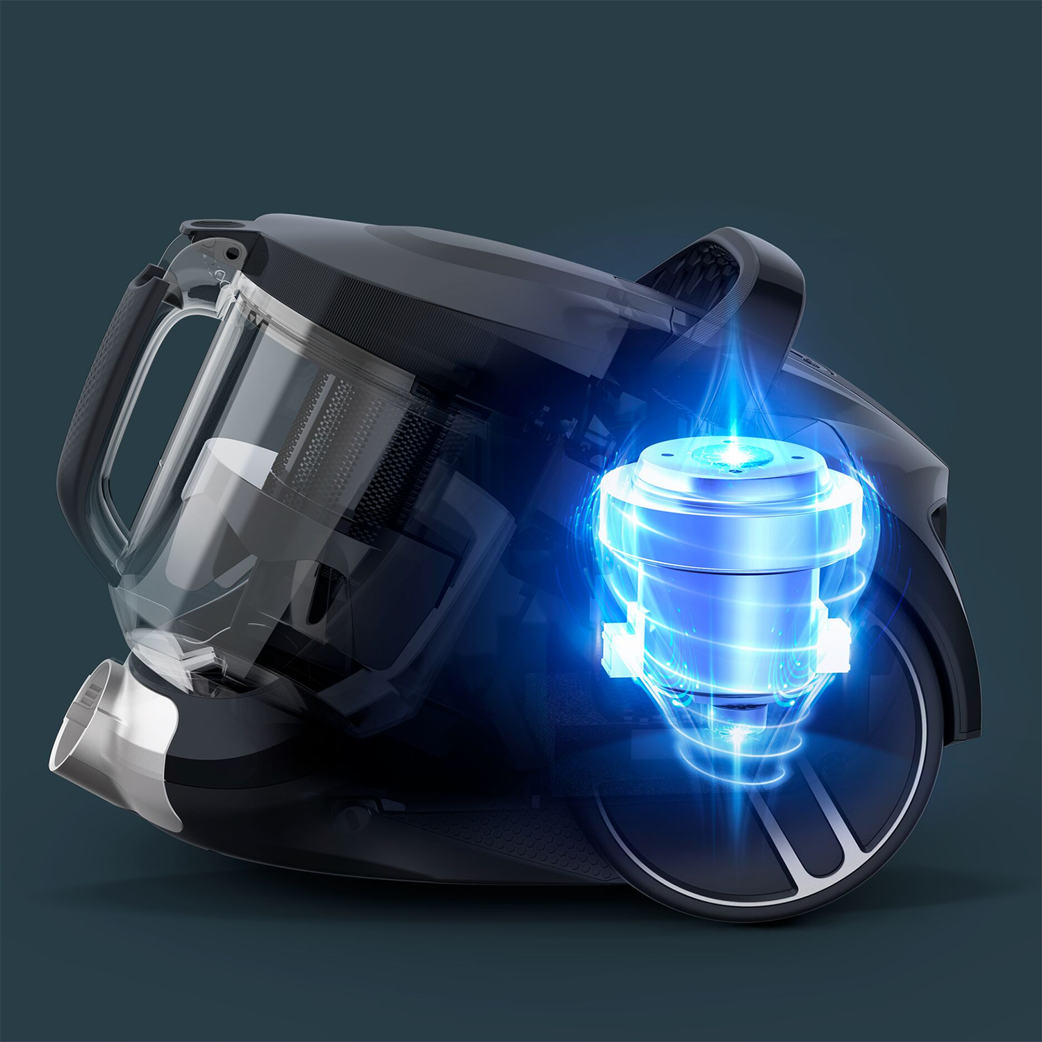 A transparent vacuum cleaner with a blue internal light and a black body.