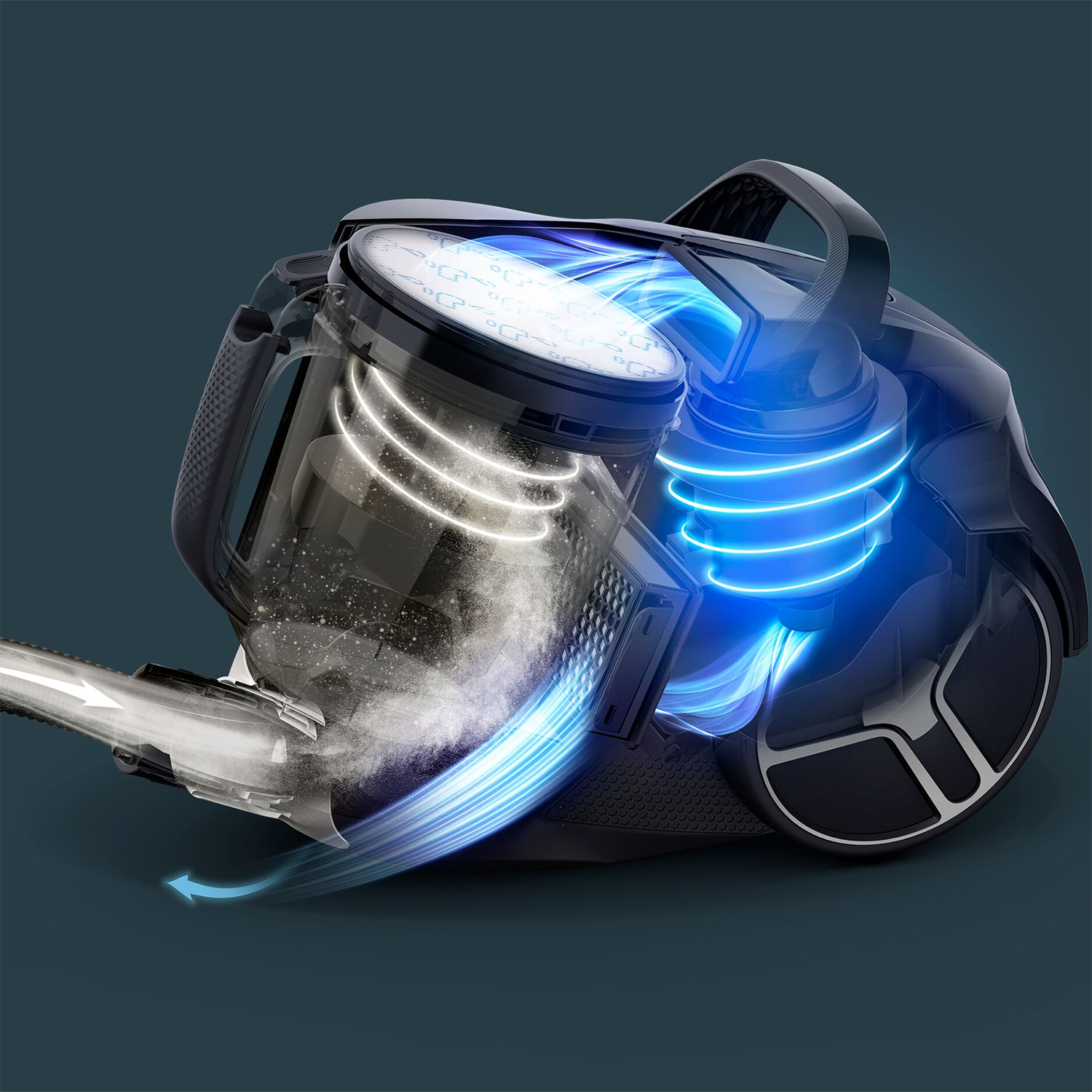 A cutaway view of a black vacuum cleaner with blue and white light effects.