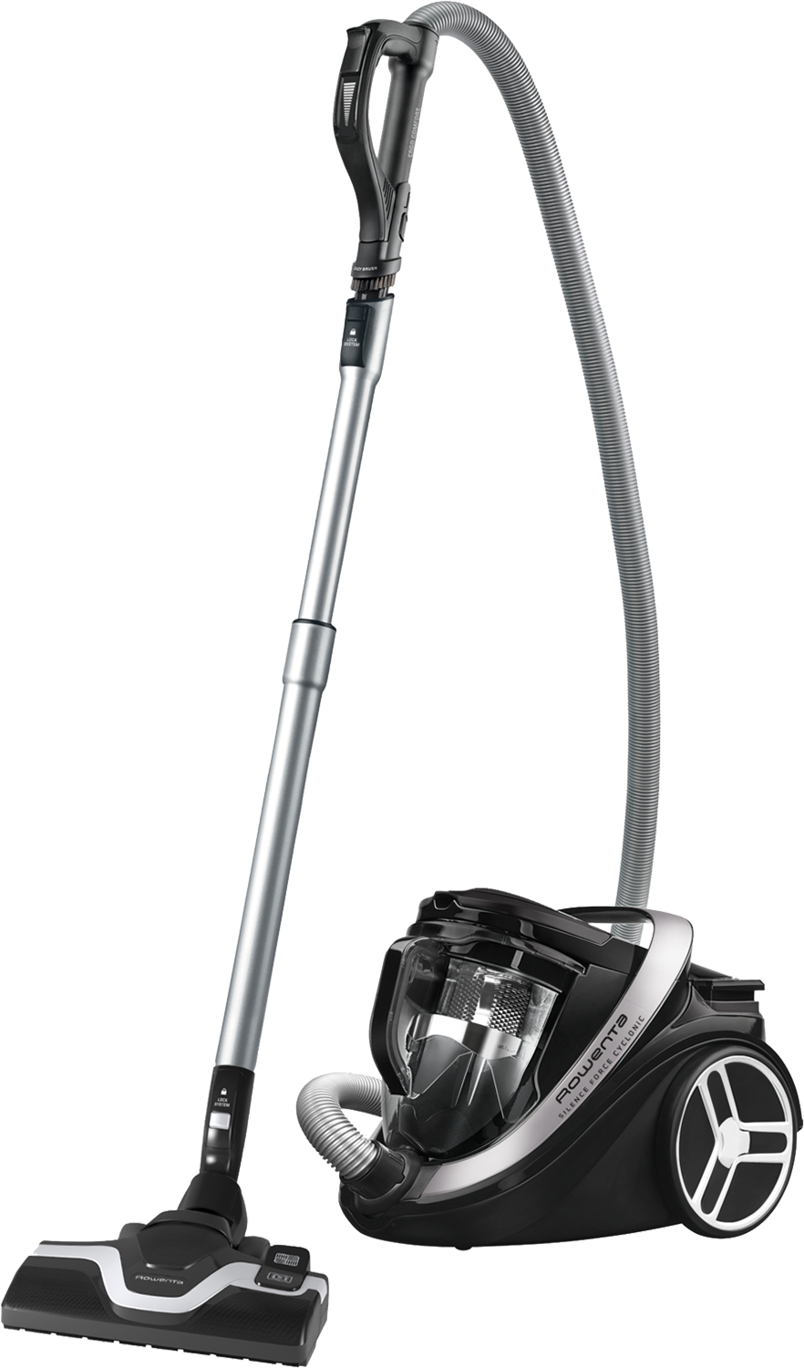 Black and silver vacuum cleaner. It has a long handle and a hose.