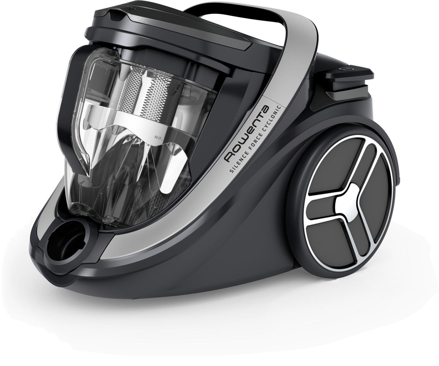 Black and gray vacuum cleaner, Rowenta brand, with a transparent dust container and a chrome handle.