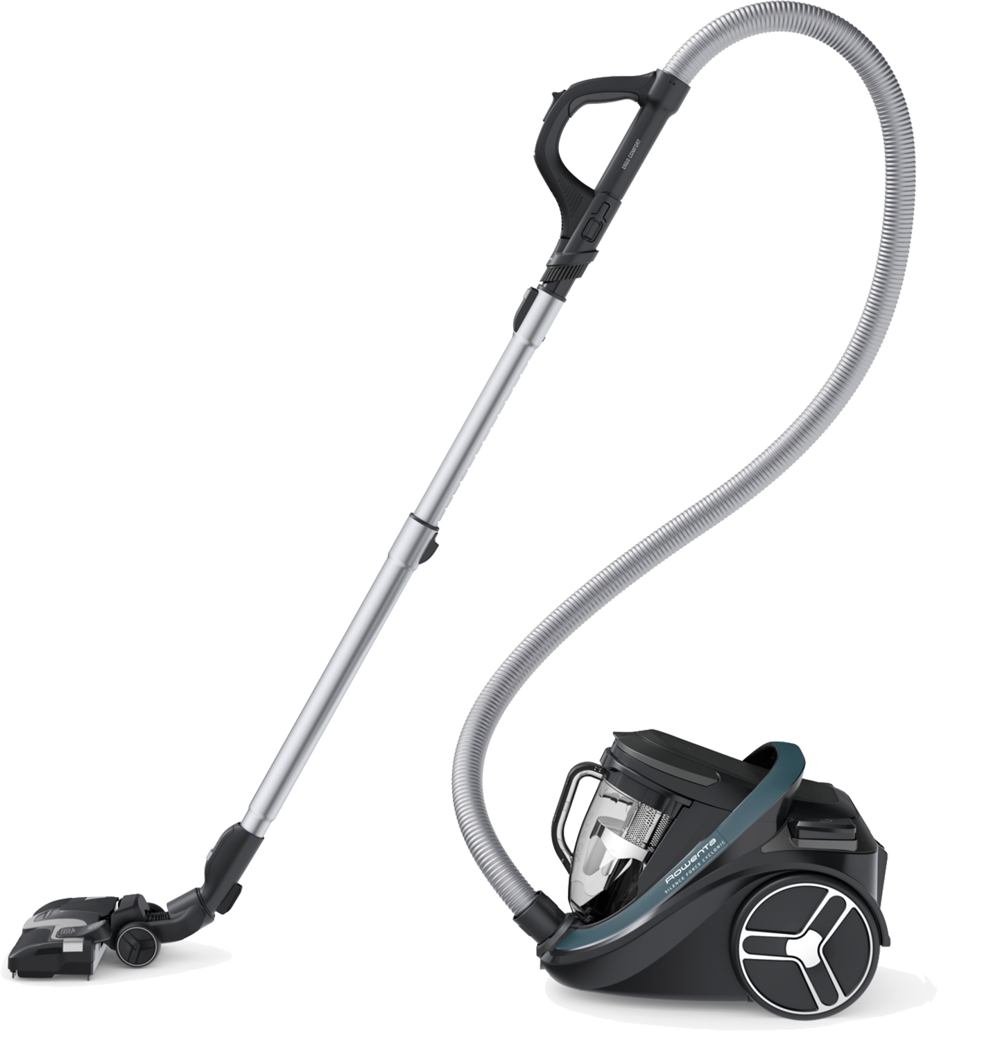 Vacuum cleaner with a long silver tube and a black body, on a white background.