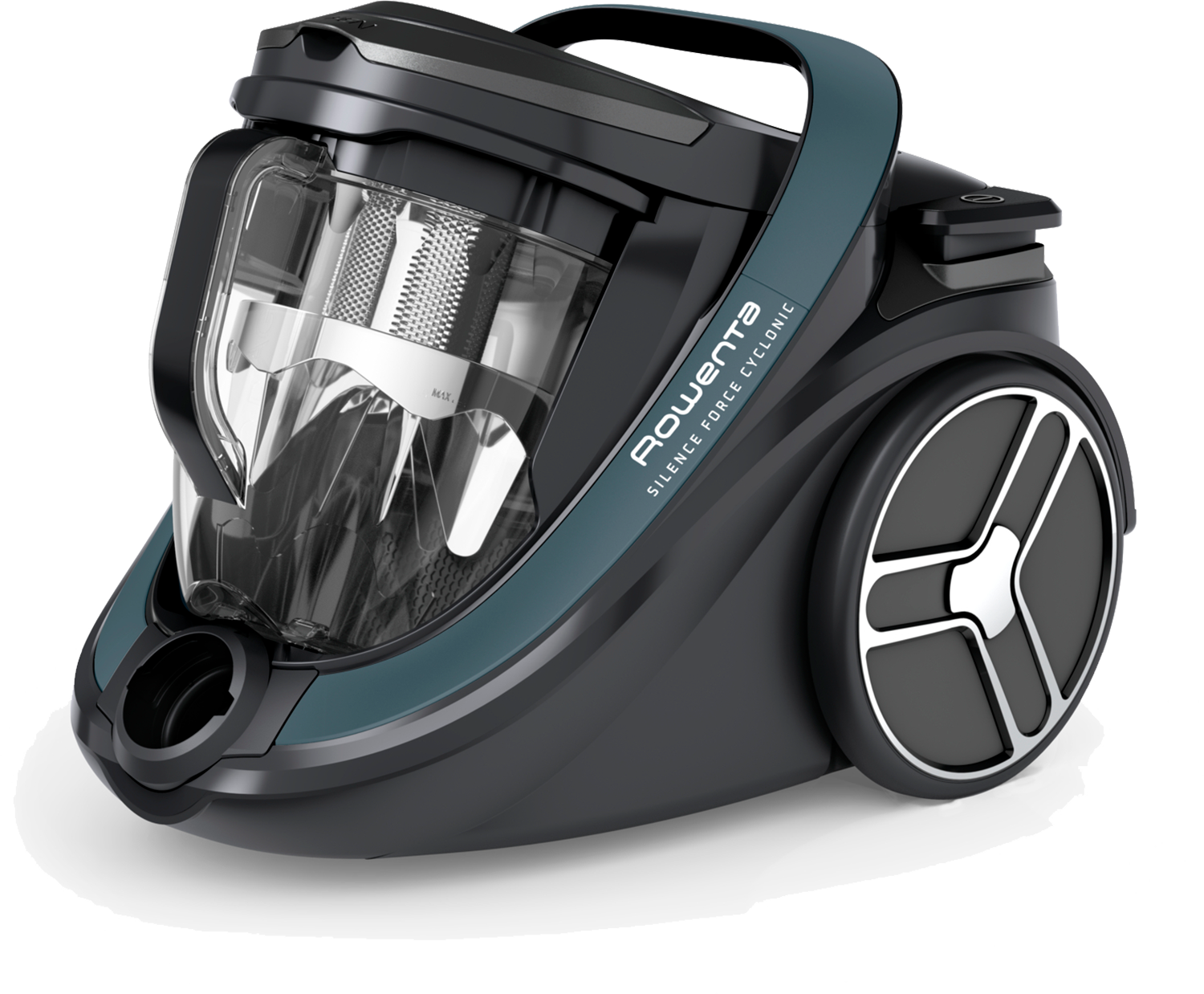 A black and blue Rowenta Silence Force Cyclonic vacuum cleaner.