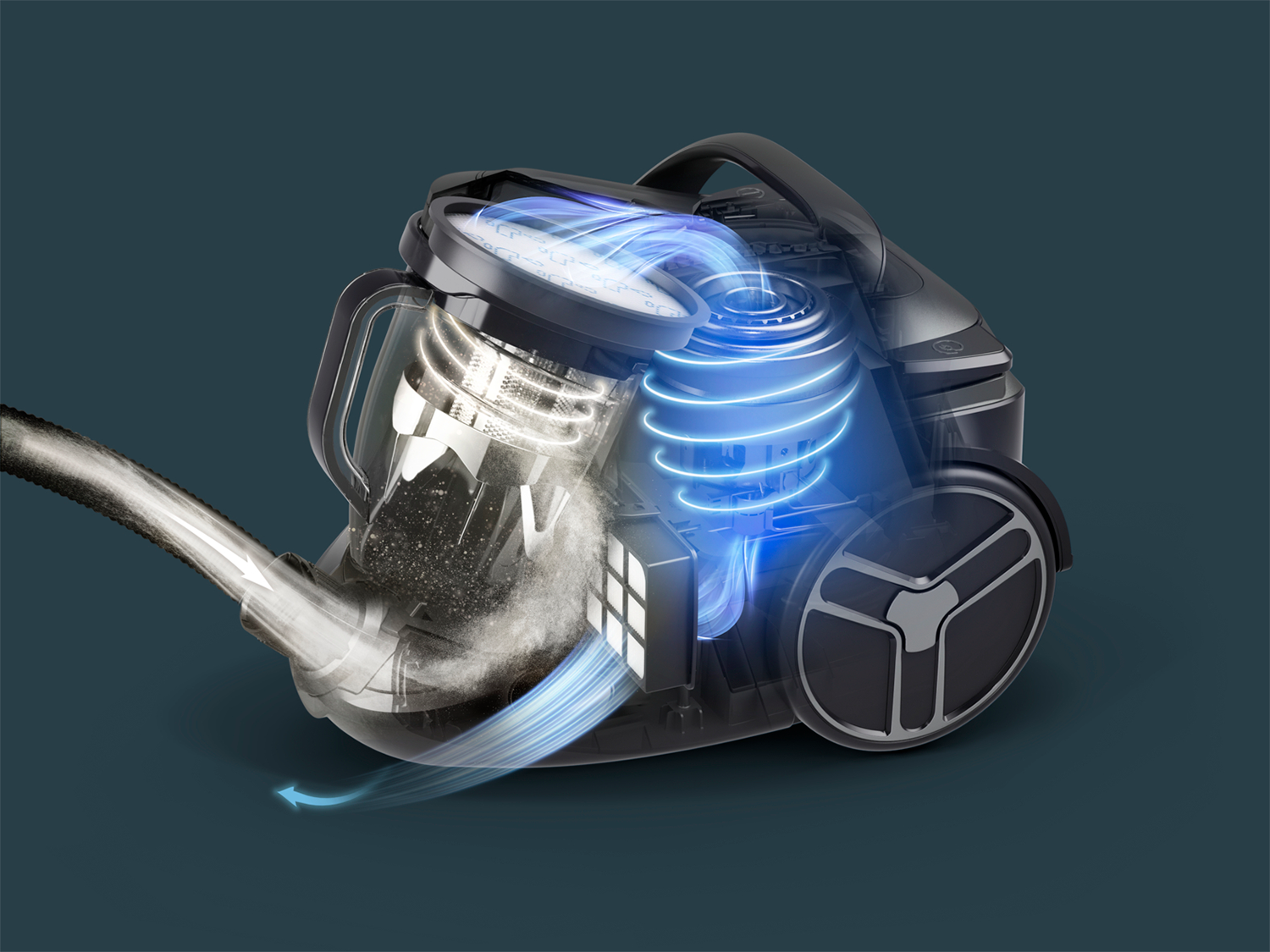Cutaway view of a vacuum cleaner with highlighted air flow and internal components.