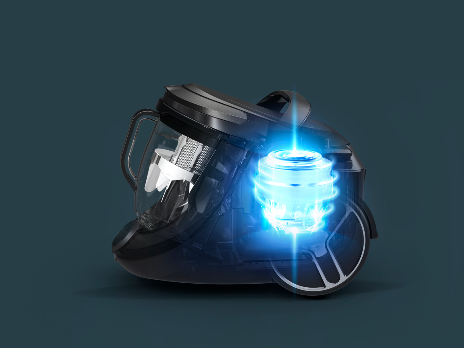 A black and transparent vacuum cleaner with a lit-up blue interior, showing the motor.