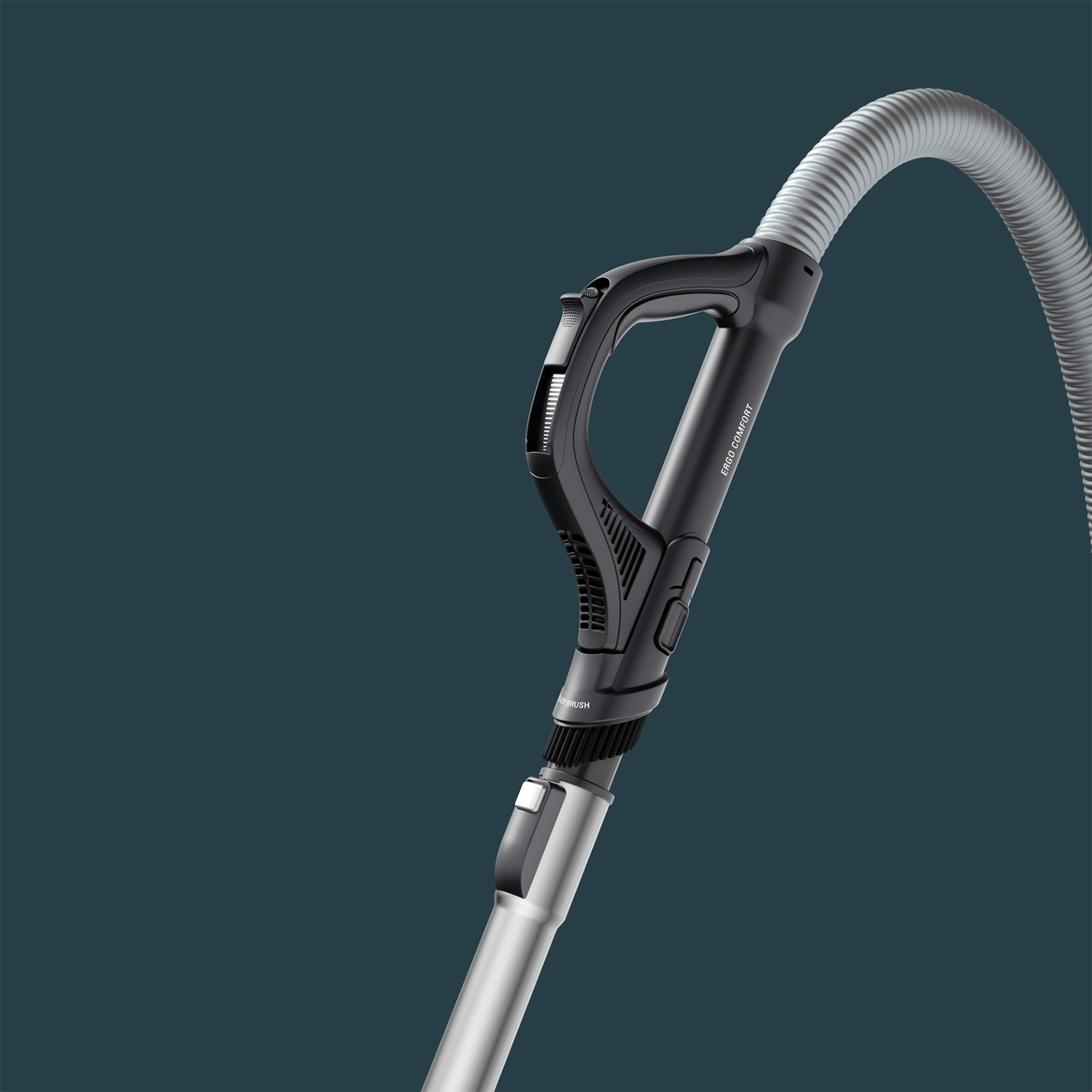 A vacuum cleaner handle and part of the hose, on a dark teal background.