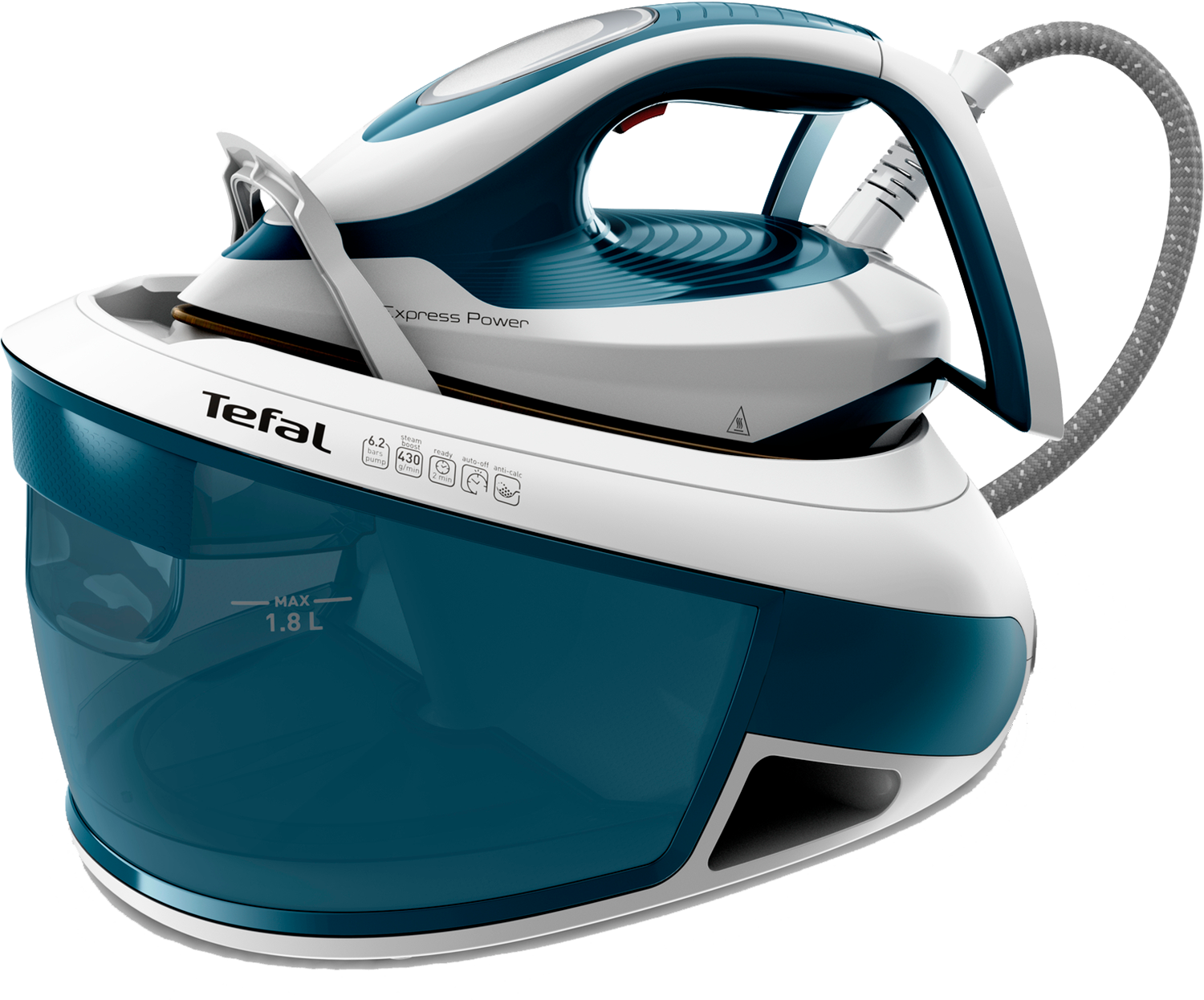 Wit en blauw strijkijzer met een watertank. Het is een Tefal Express Power model.