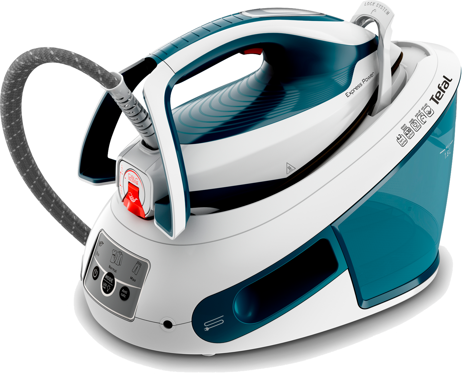Witte en blauwgroene Tefal Express Power strijkijzer met waterreservoir.