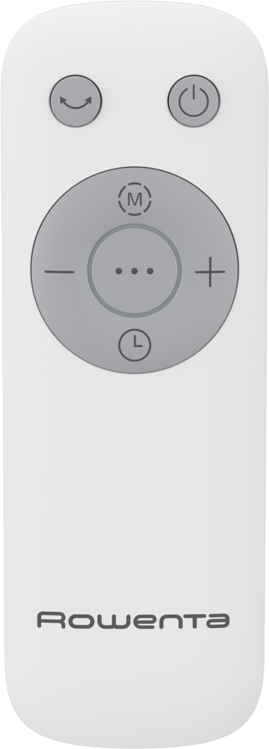 Télécommande Rowenta blanche. Boutons marche/arrêt, mode et minuterie, cercle avec plus/moins et points. Nom de la marque en bas.