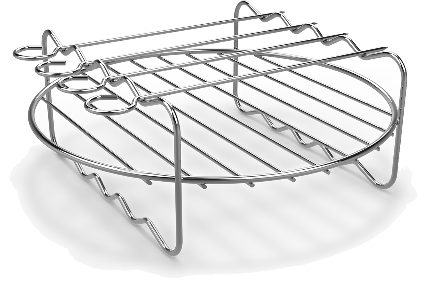 Silver metal air fryer rack. It has a circular base with a raised grate and side supports.