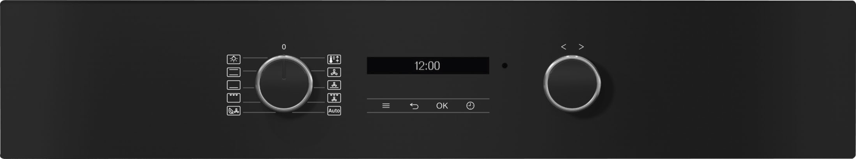 Fekete sütő vezérlőpanel tárcsákkal, 12:00-t mutató kijelzővel és funkciógombokkal.