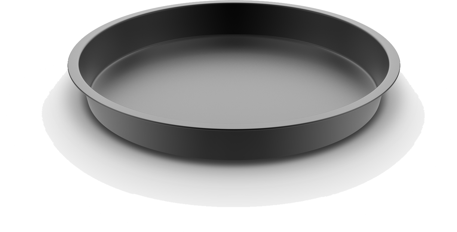 A round, black cake pan, empty, on a white surface.