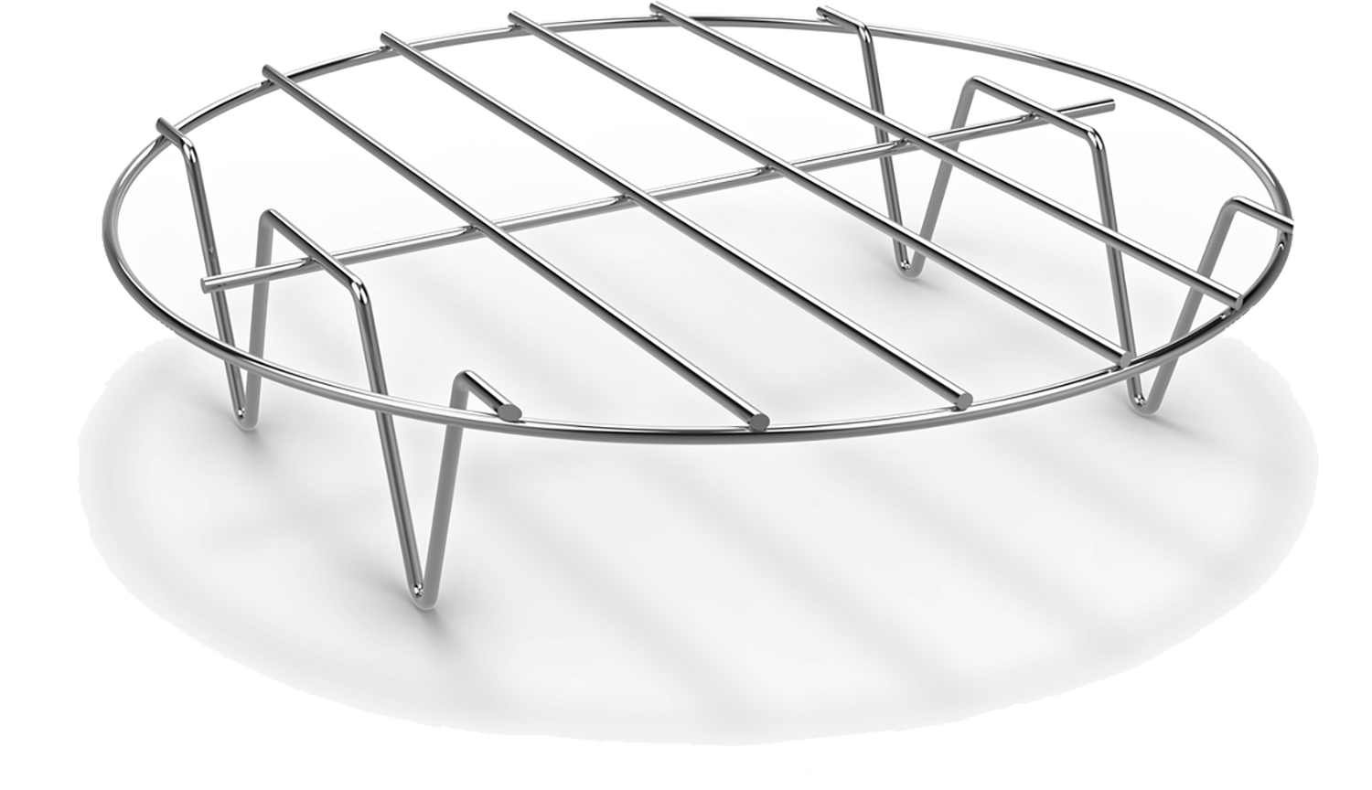 A chrome, elevated wire rack with a circular shape.