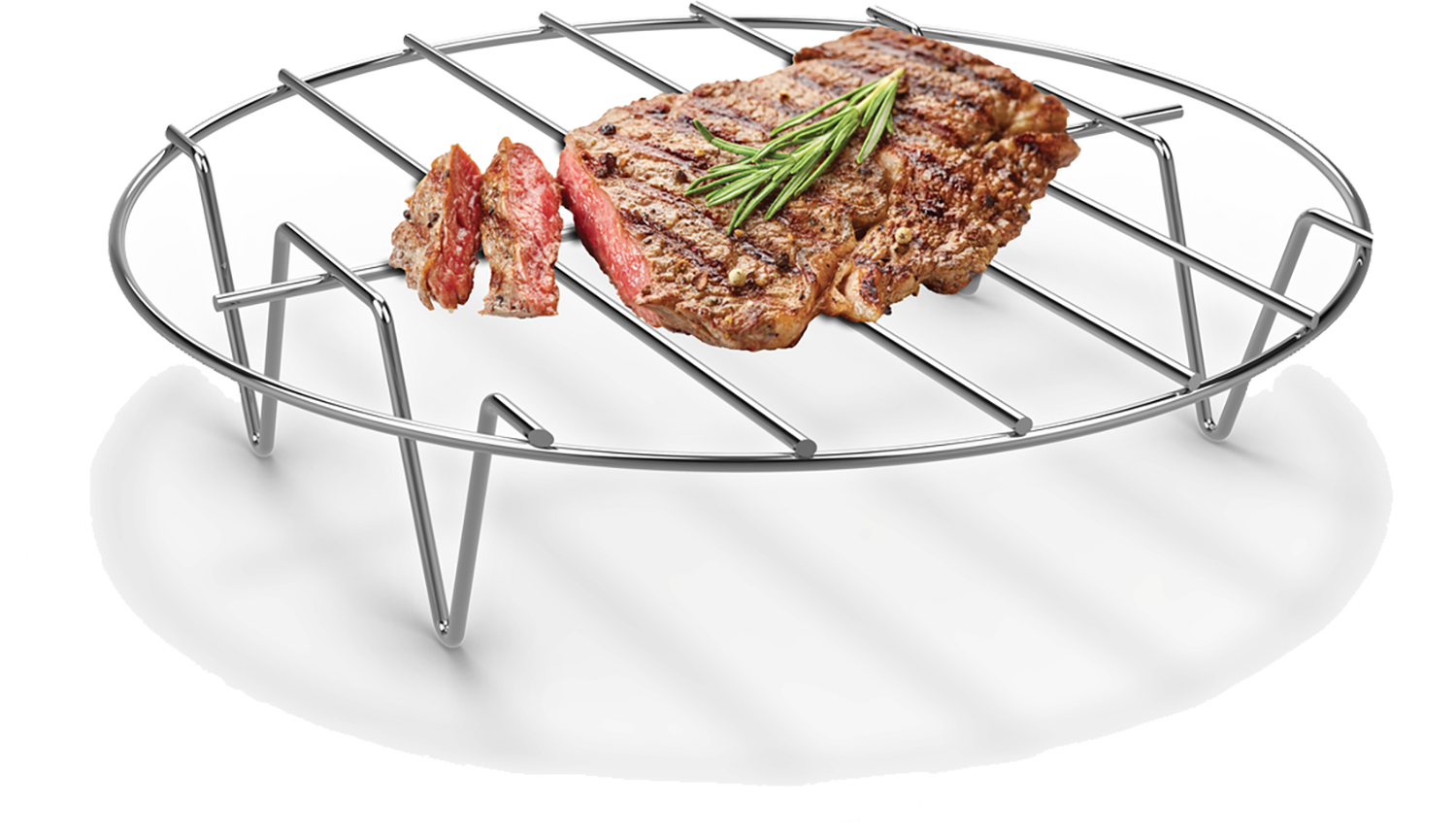 Grilled steak on a metal grill, with a sprig of rosemary.