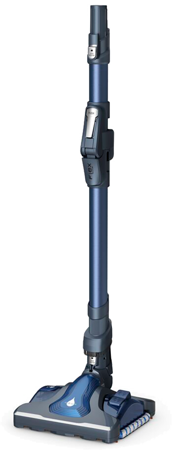 A navy blue cordless vacuum cleaner, standing upright, with a dark background. It has a long handle and brush.