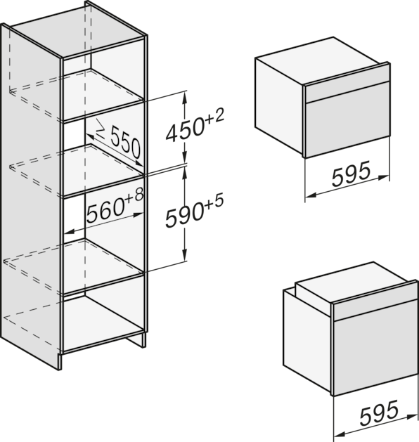 Konyhai egység diagramja sütő- és mikrohullámú sütő helyekkel, méretekkel. Fehér háttér.