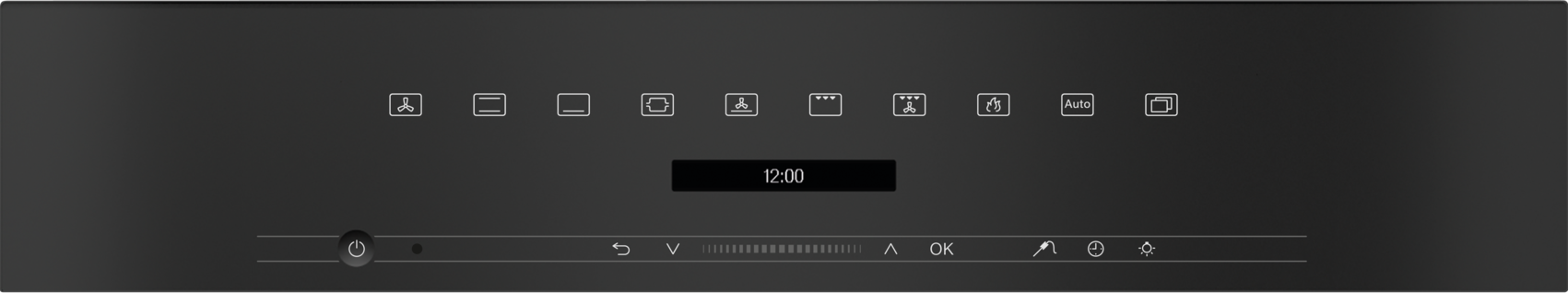Egy készülék vezérlőpanelje. Sötétszürke ikonokkal. A digitális kijelzőn az idő látható: 12:00.