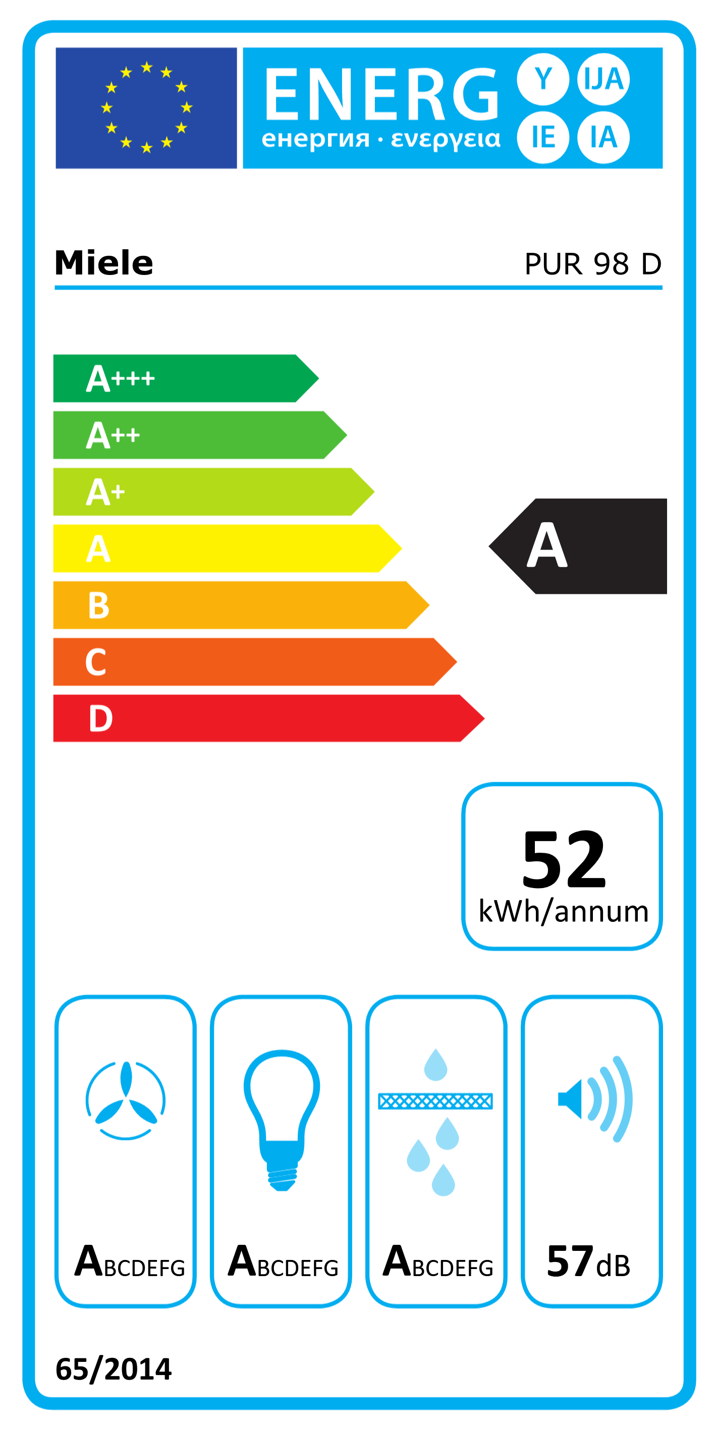 Egy Miele készülék energiacímkéje, amely A energiahatékonysági besorolású.