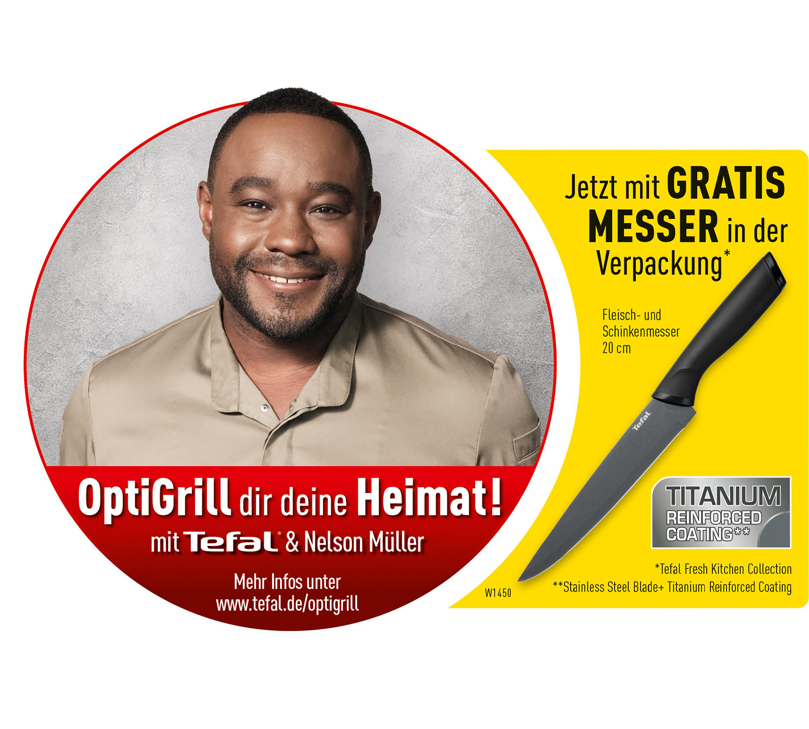 Mann lächelt in einem Werbekreis für OptiGrill mit Messer und Text auf Deutsch. Der Hintergrund ist grau.