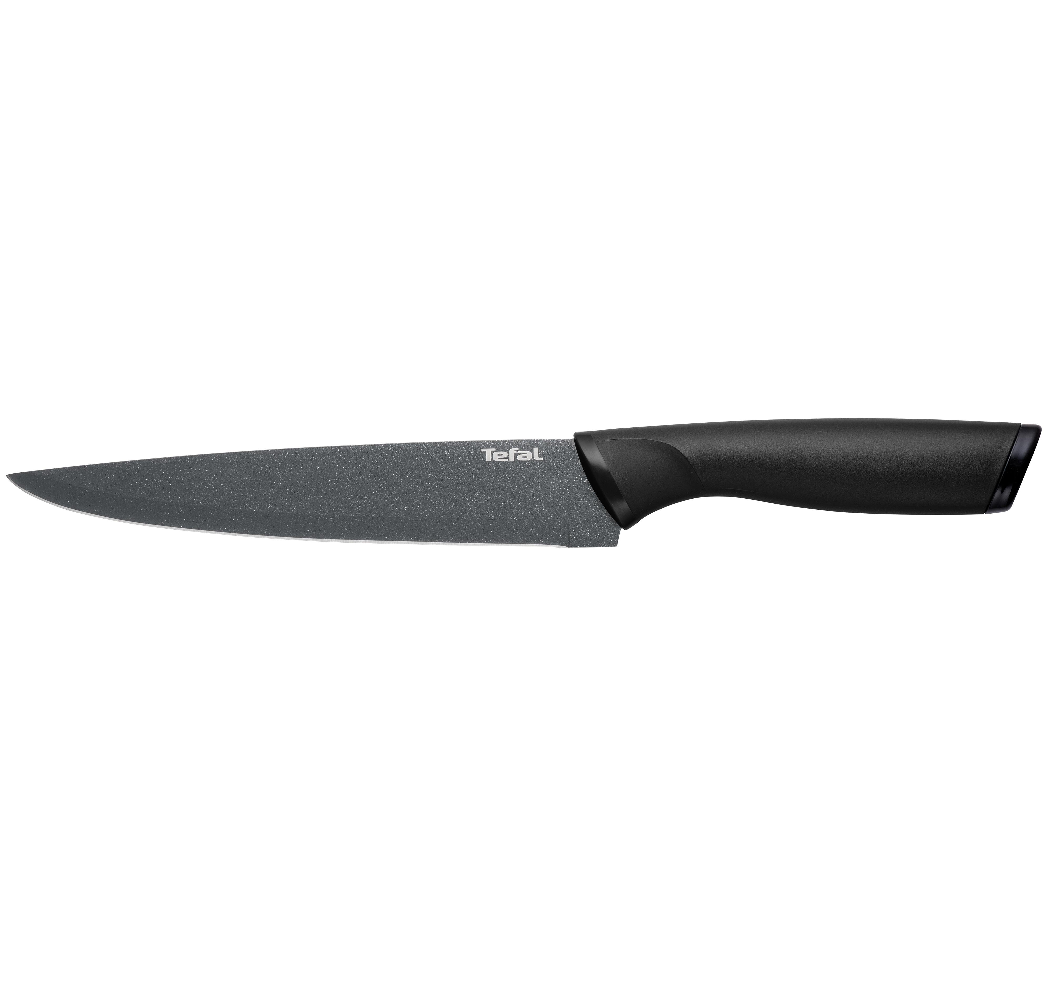 Tefal-Messer. Schwarzer Griff, graue Klinge. Einfaches Design. Weißer Hintergrund.