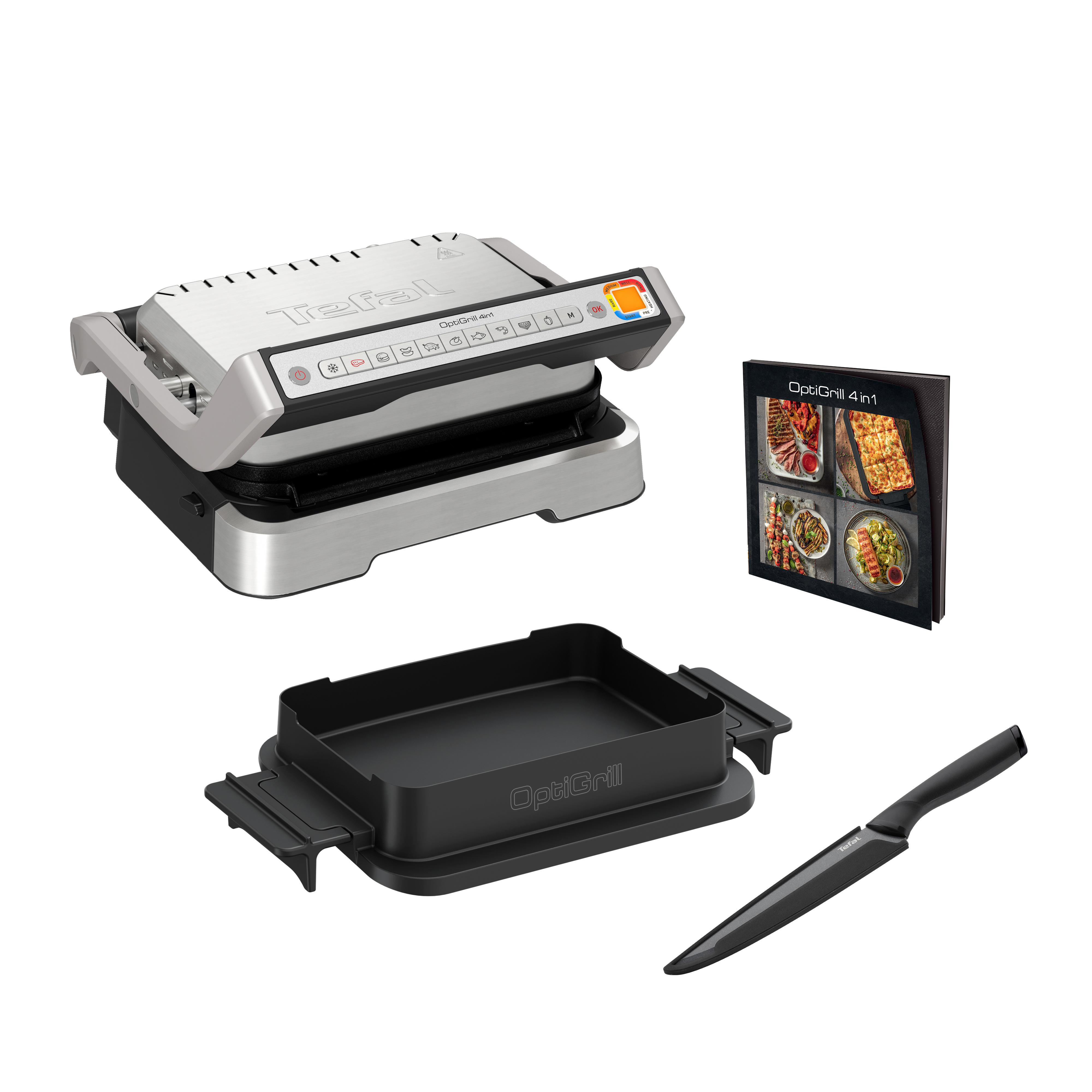 Ein geöffneter Tefal OptiGrill mit Zubehör. Ein Grill, eine schwarze Schale und ein schwarzes Messer sind abgebildet.