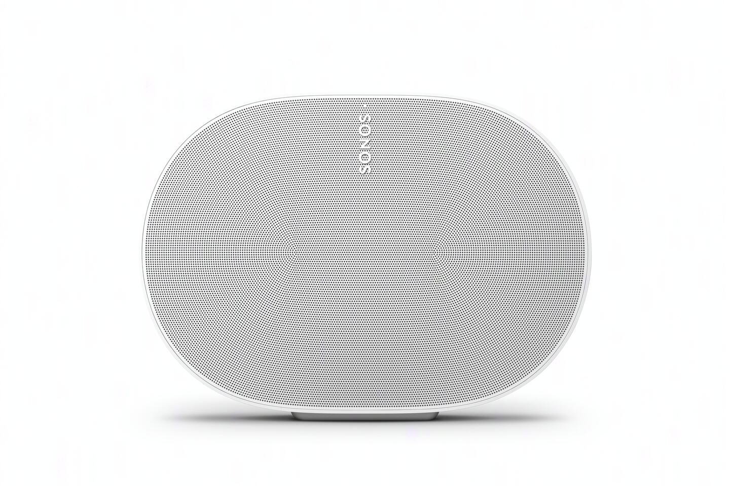 Altavoz ovalado blanco sobre fondo blanco, con logo 'SONOS'.